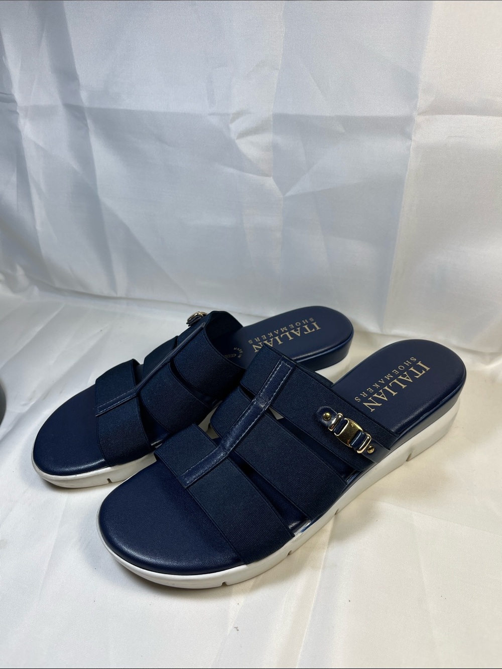 Italian Shoemakers Navy Blue Slide Mules with Gold Accent